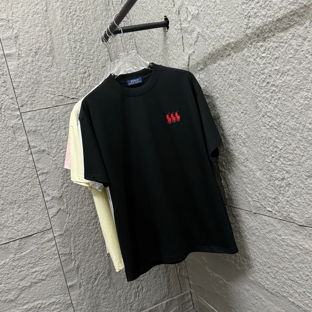 🅿️180 Polo* Ralph Lauren 2025 spring and summer new style Classic three little pony embroidery Customized double yarn plain cotton fabric Short-sleeved T-shirt Unisex Color: Black White Size: S (90-130 pounds) M (120-150 pounds) L (140-165 pounds) XL (160-180 pounds) XXL (180-210 pounds)